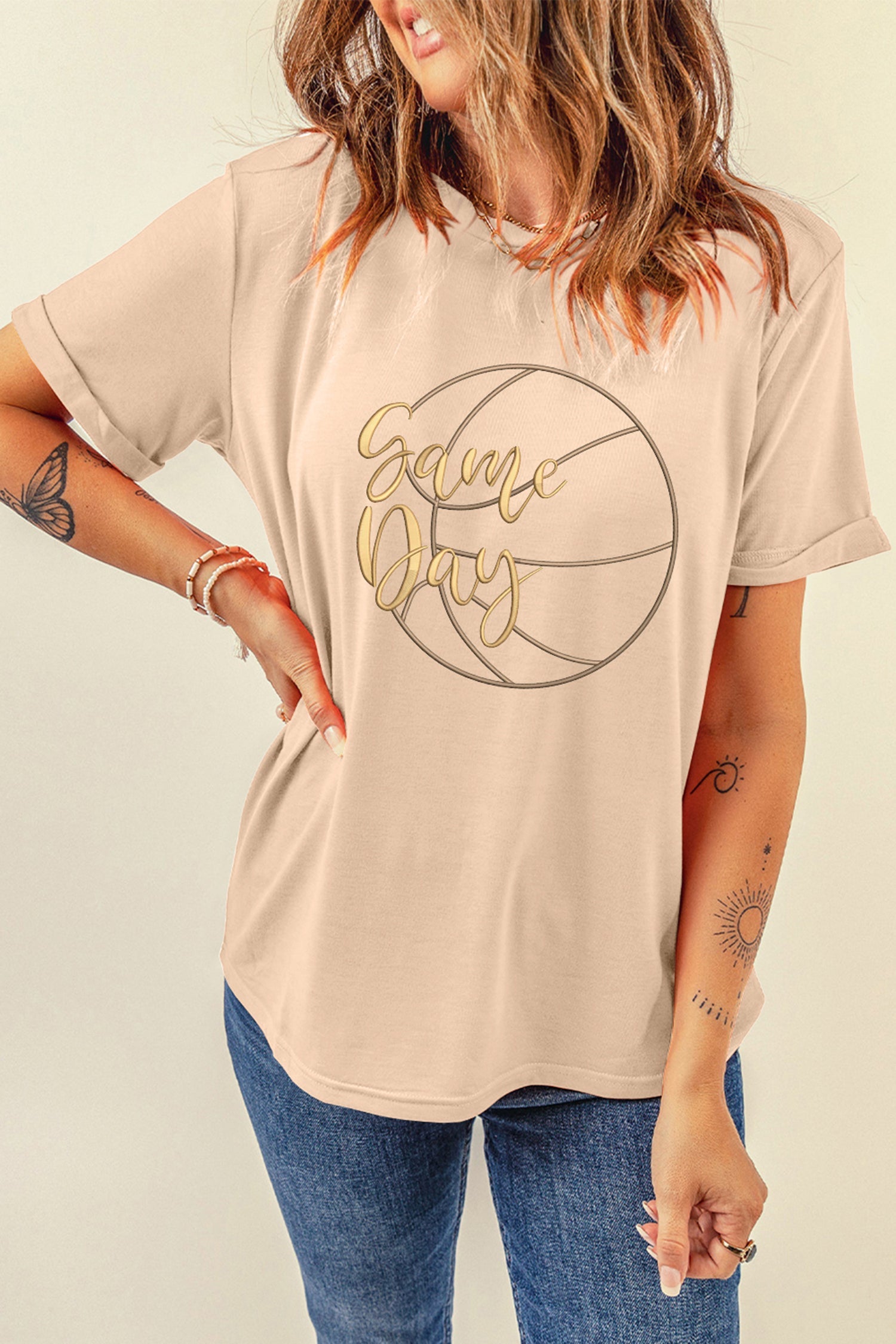 Khaki Game Day Basketball Embroidered Casual T Shirt