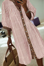 Khaki Stripe Square Button Leopard Trim Loose Bracelet Sleeve Shirt Dress