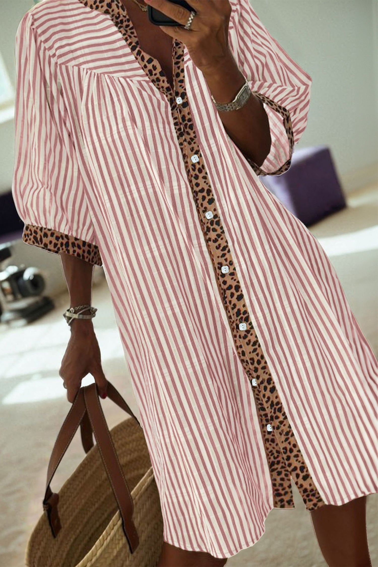 Khaki Stripe Square Button Leopard Trim Loose Bracelet Sleeve Shirt Dress