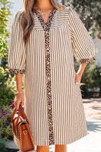 Khaki Stripe Square Button Leopard Trim Loose Bracelet Sleeve Shirt Dress