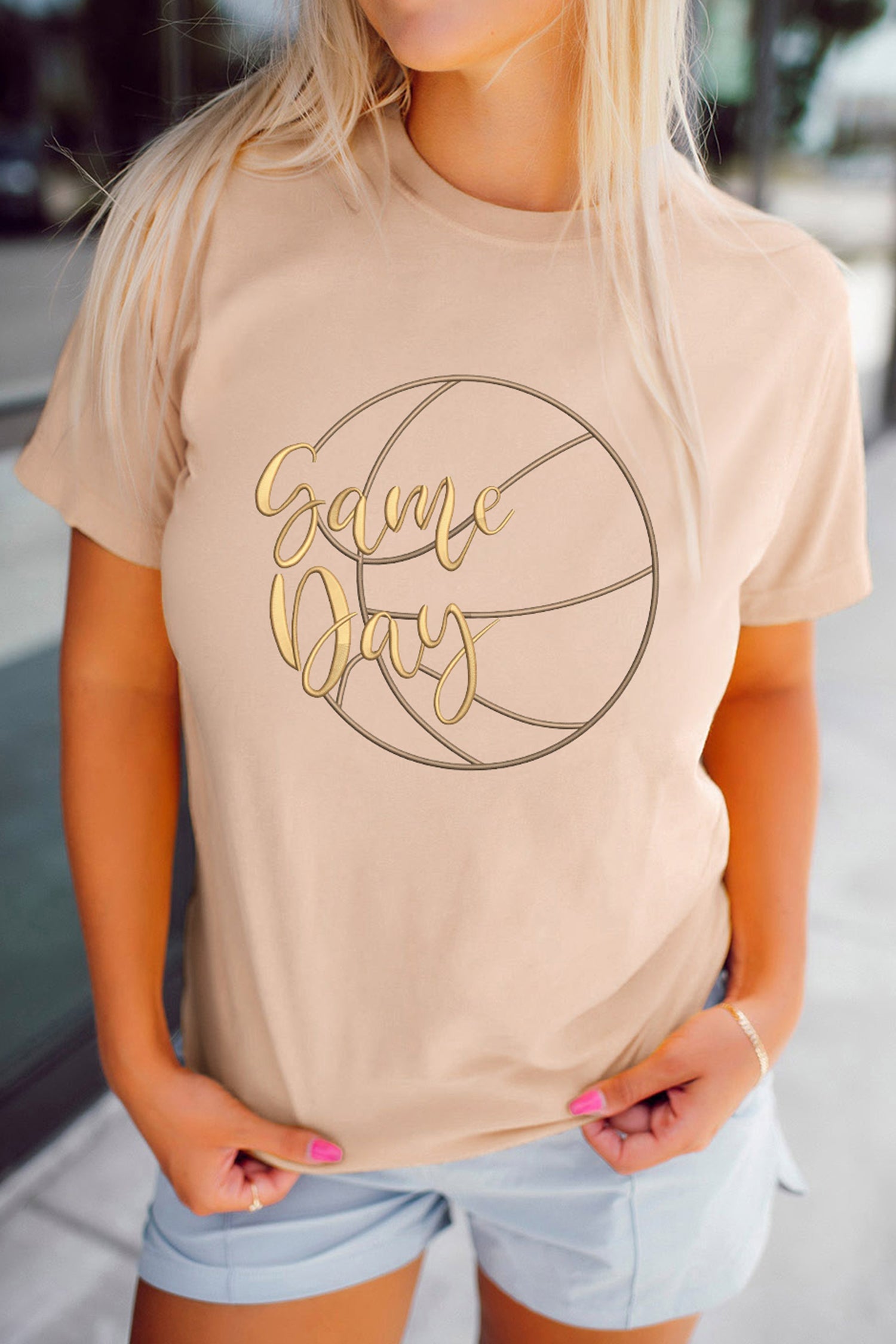 Khaki Game Day Basketball Embroidered Casual T Shirt