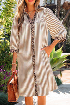 Khaki Stripe Square Button Leopard Trim Loose Bracelet Sleeve Shirt Dress